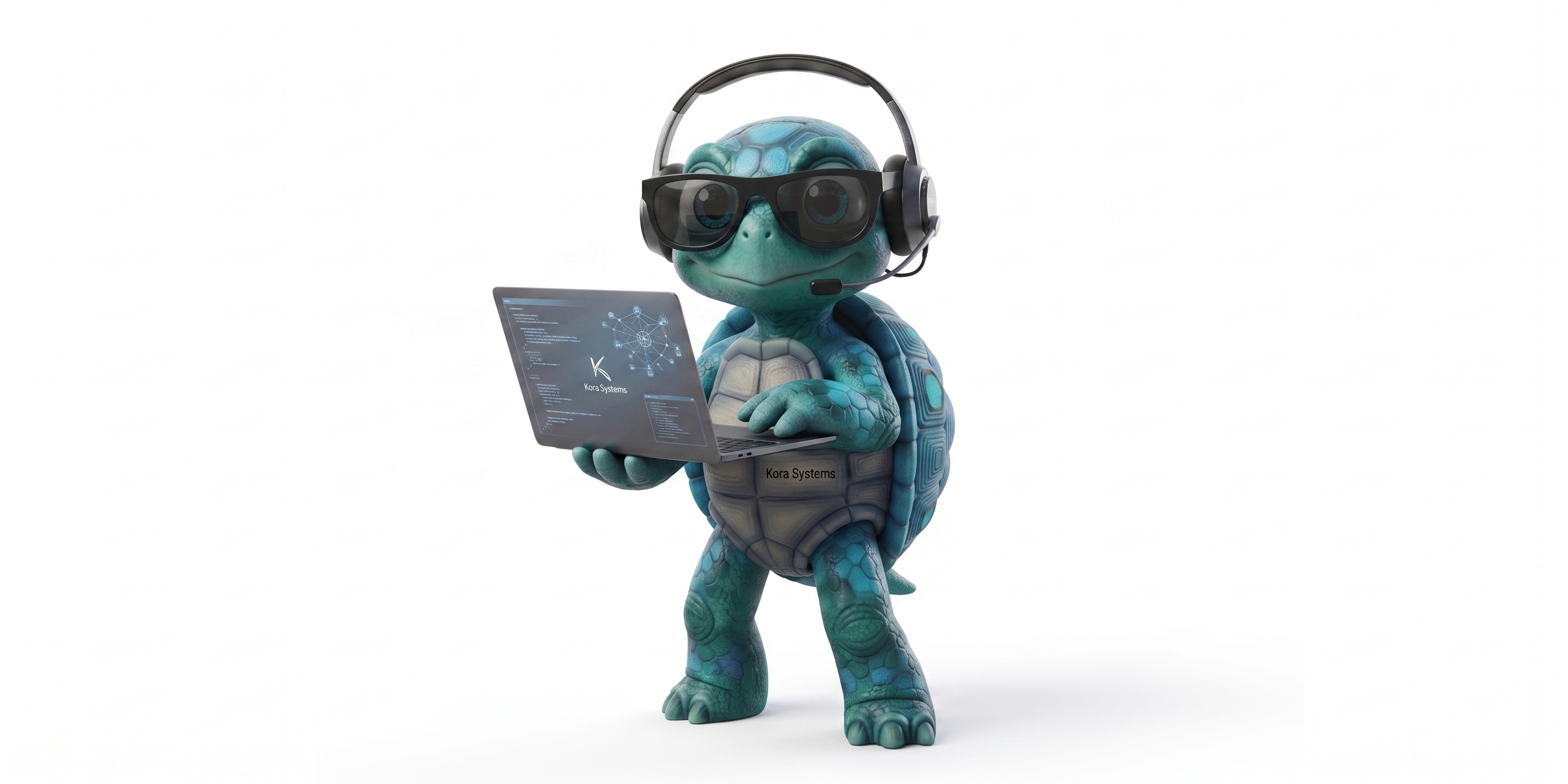 Mascota de Kora Systems mostrando código en una laptop