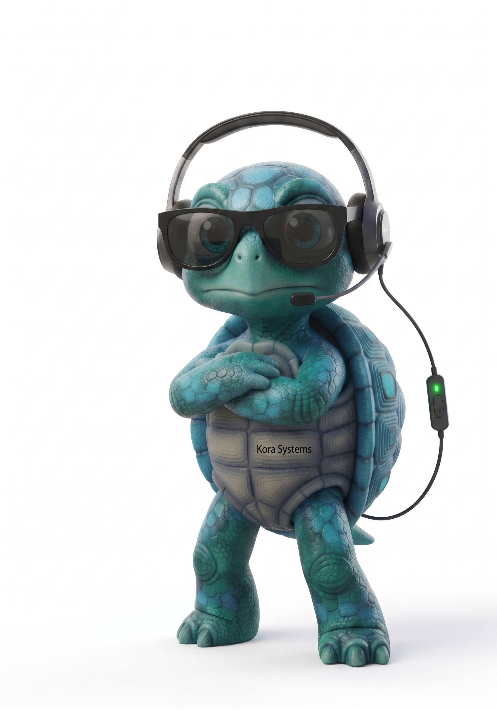 Mascota tortuga de Kora Systems con headset, lista para ayudarte