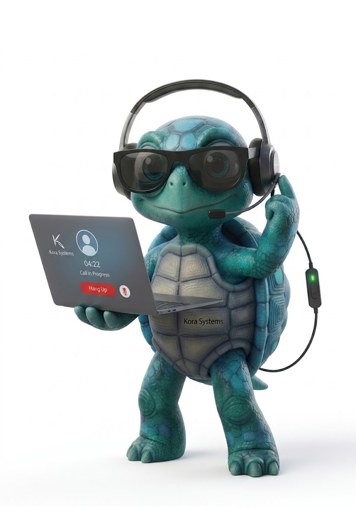 Mascota de Kora Systems en una llamada de soporte, lista para atenderte
