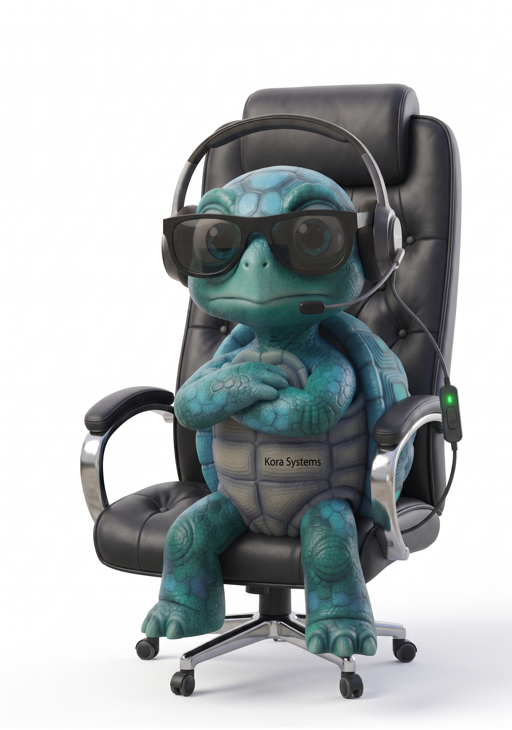 Mascota de Kora Systems atendiendo soporte desde una silla de oficina